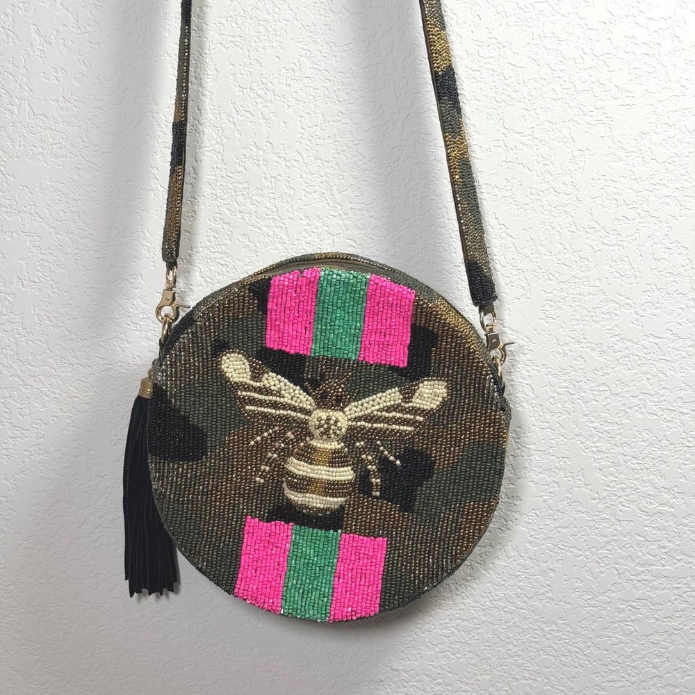 Moyna Beaded Camo Bee Round Crossbody Bag Pink Green Stripe Tassel Handbag